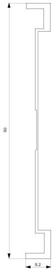Technische Zeichnung eines Profils mit Treppenstufenform. Höhe 89 mm, Breite 8,2 mm. Zeigt komplexe Kanten und Abstände.