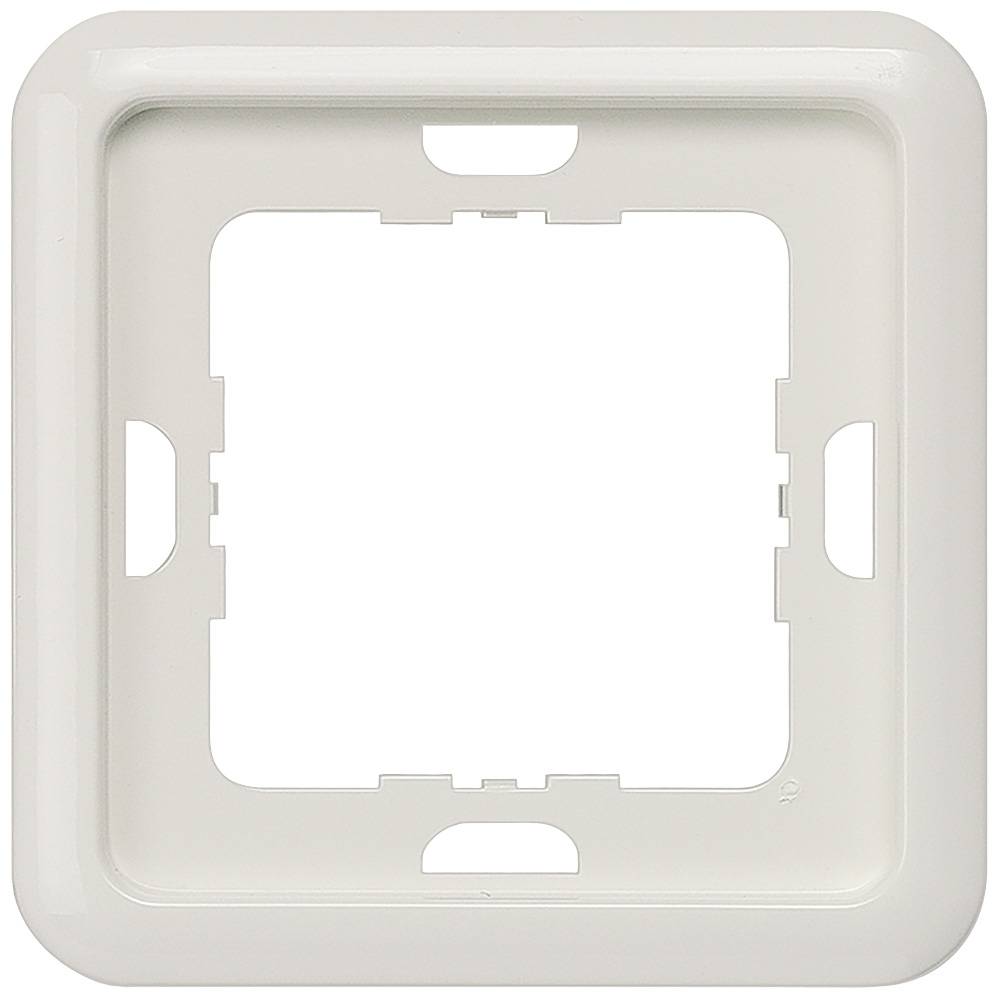 Weiße Steckdosenblende, quadratisch, ohne sichtbare Knöpfe oder Schalter, vor einem neutralen Hintergrund.