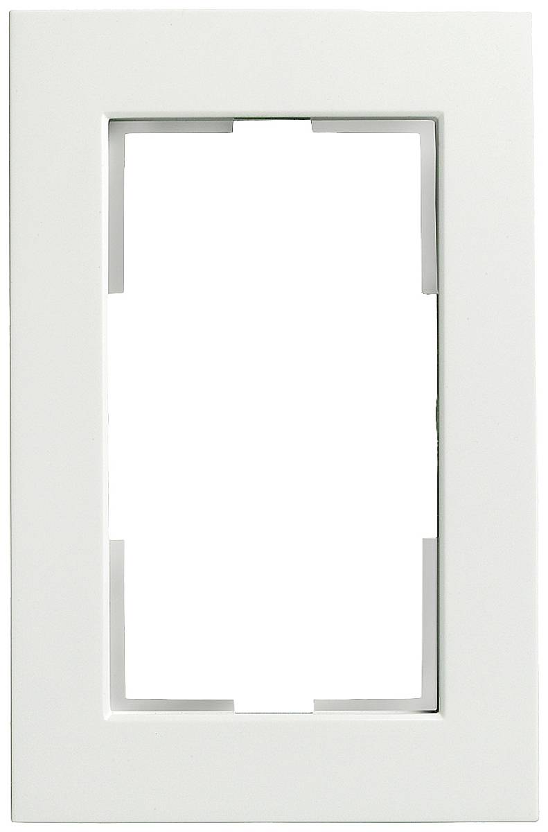 Ein weißer rechteckiger Rahmen, vermutlich für einen Lichtschalter oder eine Wandsteckdose, vor einem weißen Hintergrund.