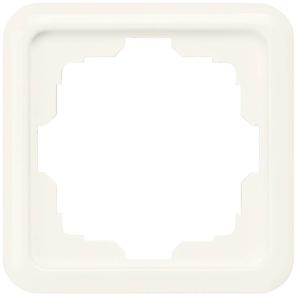 Ein quadratischer, cremefarbener Rahmen mit abgerundeten Ecken und einem zentralen Ausschnitt zur Befestigung von Schaltern oder Steckdosen.
