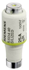 Eine weiße Sicherung von Siemens mit der Aufschrift '25 A 500 V', geeignet für elektrische Anwendungen mit 25 Ampere und 500 Volt.