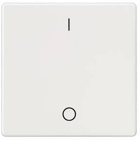 Ein weißer Wandschalter mit einem schwarzen Kreis und einer senkrechten Linie darunter. Der Schalter ist in der Position 'Ein'.
