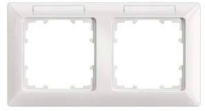 Doppelrahmen für Lichtschalter oder Steckdosen, leer, rechteckig, aus weißem Kunststoff, zur Wandmontage.