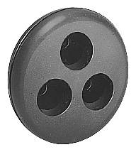 Runde, graue Knopf mit drei Löchern, möglicherweise für Kleidung oder als dekoratives Element verwendet.