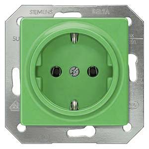 Grüne Steckdose von Siemens mit Metallrahmen, geeignet für den Einbau in Innenwände.