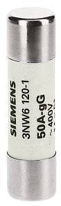 Sicherung von Siemens, Typ '3NW6 120-1', 50 Ampere, 400 Volt. Zylinderform, mit Metallkappen an beiden Enden.