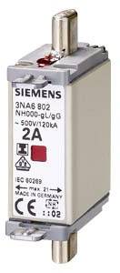 'Siemens 3NA6 802' NH-Sicherung mit 2A, 500V/120kA, CE-Zertifizierung, mit roten und schwarzen Markierungen; für Elektrosysteme.