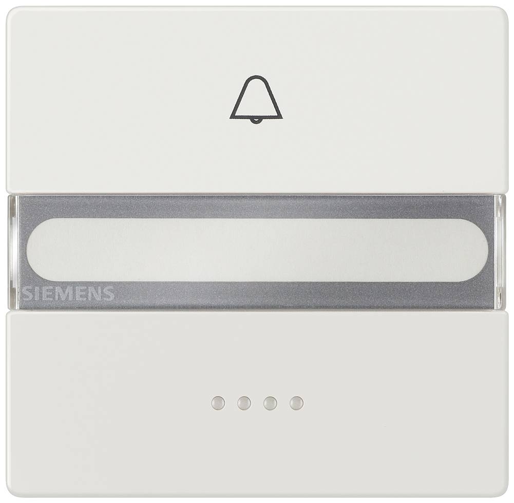 Weißer Klingelknopf mit Glockensymbol. Oben ist ein durchsichtiges Namensschildhalter. Siemens-Logo unten links.