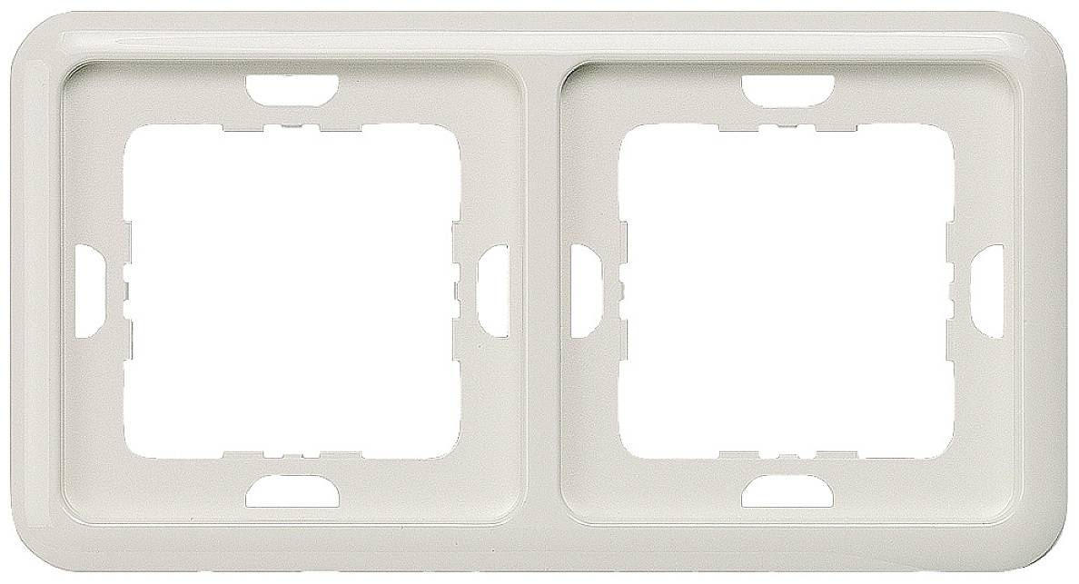 Zweifach-Rahmen für Lichtschalter, rechteckig, aus weißem Kunststoff, ohne eingesetzte Schalter oder Steckdosen.