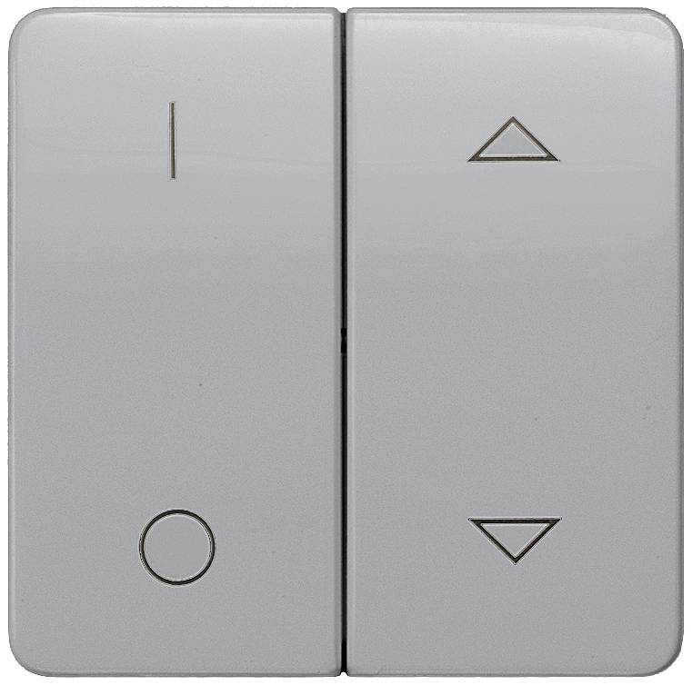 Lichtschalter mit zwei Tasten: linke Taste symbolisiert 'Ein/Aus', rechte Taste zeigt Pfeile nach oben und unten für Helligkeit.