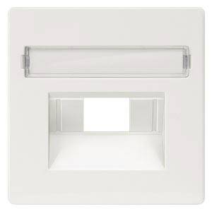 Weiße Abdeckplatte mit rechteckiger Aussparung und transparenter Schutzklappe, geeignet für Schalter oder Steckdosenmontage.