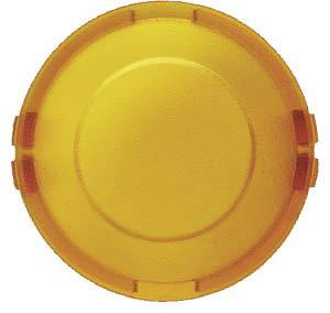 Ein gelber Plastikdeckel in Draufsicht. Der Deckel ist rund mit leicht erhöhter Mitte und kleinen Einkerbungen am Rand.