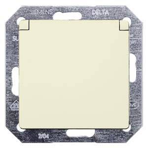 Ein quadratischer, cremefarbener Lichtschalter-Einsatz von Siemens, eingefasst in einem metallischen Rahmen mit Aufschrift 'Delta'.