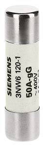 'Siemens 50A-gg 400V' Sicherung, zylindrisch, mit Metallkappen an beiden Enden und Beschriftungen an der Seite.