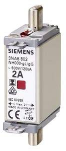 Sicherungseinsatz von Siemens mit der Bezeichnung '3NA6 802', Spannung 500V/120kA und Stromstärke 2A, NH-Größe 000.