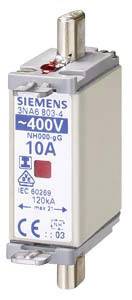 Ein NH-Sicherungseinsatz von Siemens mit 400V und 10A, Typ NH000-gG. Markierungen für CE-Kennzeichnung und IEC 60269.