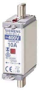 Siemens NH-Sicherung, 400V, 10A, NH000-gG, IEC 60269 Zertifizierung, max. 120kA.