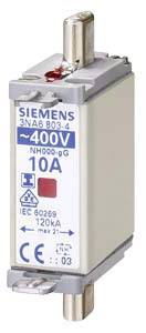 Sicherungseinsatz von Siemens, Typ 3NA6, für 400V und 10A. Geeignet für NH00-GG Anwendungen, IEC 60269 Standard.