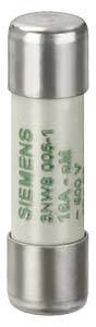 Eine Siemens-Sicherung, Modell 3NW8 005-1, 16 A, 690 V, mit Metallkappen an beiden Enden.
