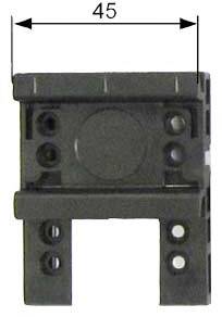 Schwarzes rechteckiges Bauteil aus Kunststoff mit mehreren Löchern und einer aufgedruckten Maßangabe von 45 mm Breite.