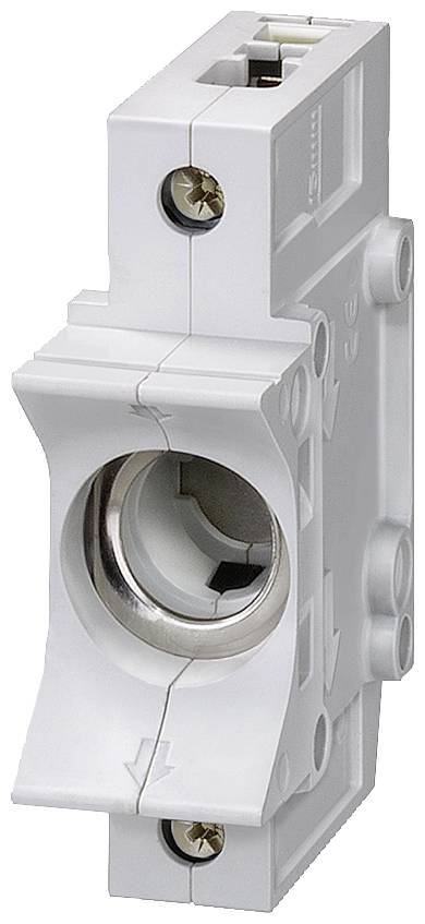 Ein weißer Sicherungshalter mit runden Öffnungen und Schraubverbindungen, für den Einbau in elektrische Schaltkästen geeignet.