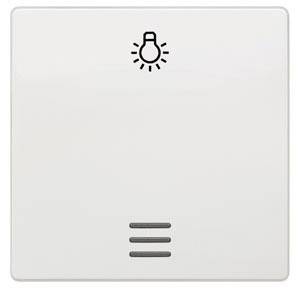 Weiße Lichtschalterplatte mit Glühbirnensymbol oben und drei Vertiefungen unten, symbolisiert Lichtsteuerung.