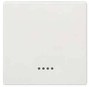 Weiße glatte Oberfläche mit vier kleinen schwarzen Punkten in einer Linie am unteren Rand.