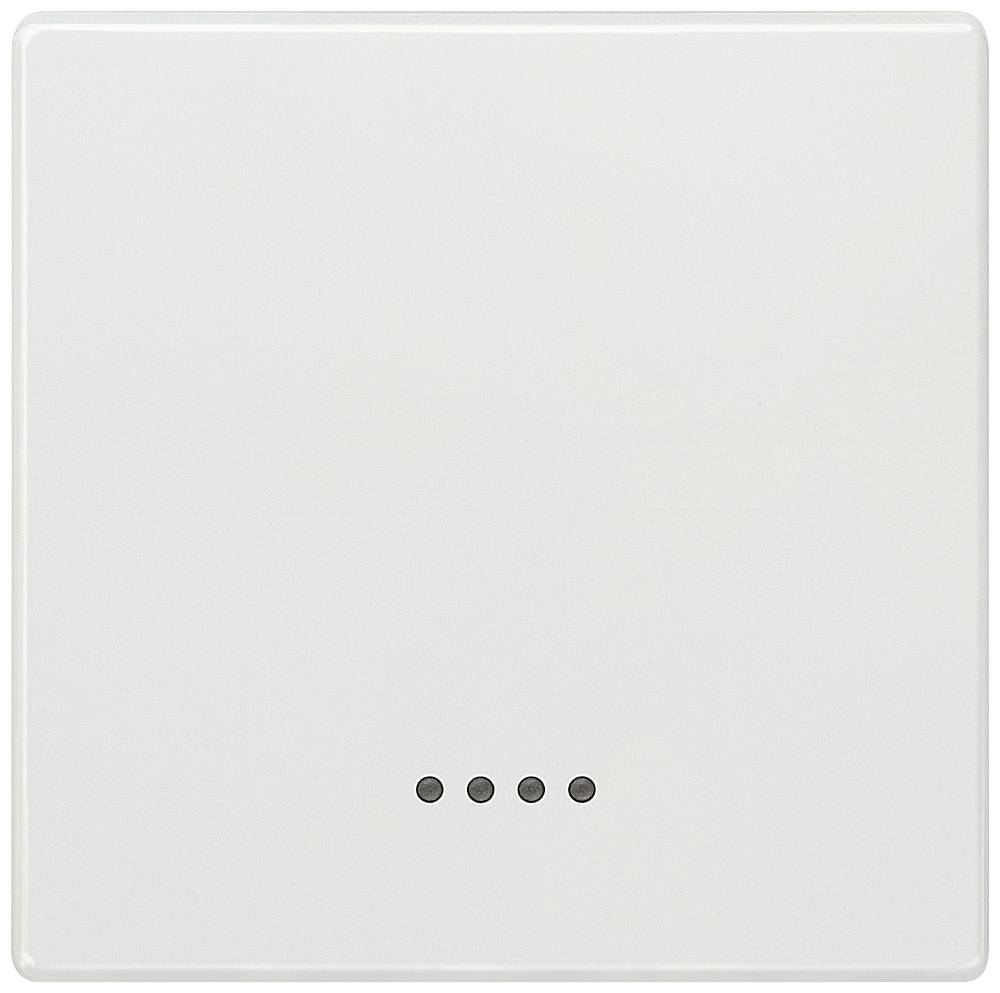 Ein weißer quadratischer Schalter mit vier kleinen schwarzen Punkten unten in der Mitte.