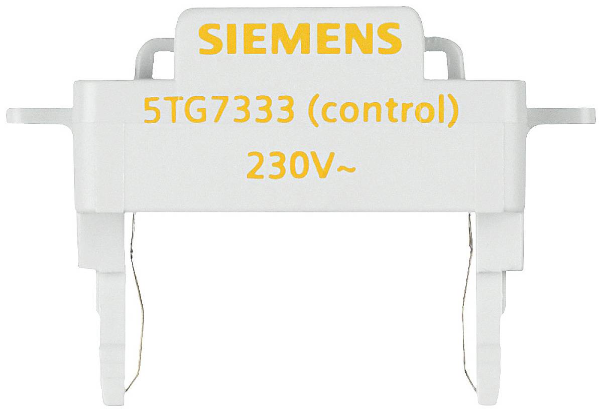 Weißes elektrotechnisches Bauteil mit gelber Aufschrift 'SIEMENS', '5TG7333 (control)', '230V~'.