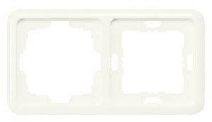 Ein weißer rechteckiger Doppelsteckdosenrahmen mit zwei Aussparungen zur Montage von Schaltern oder Steckdosen an einer Wand.
