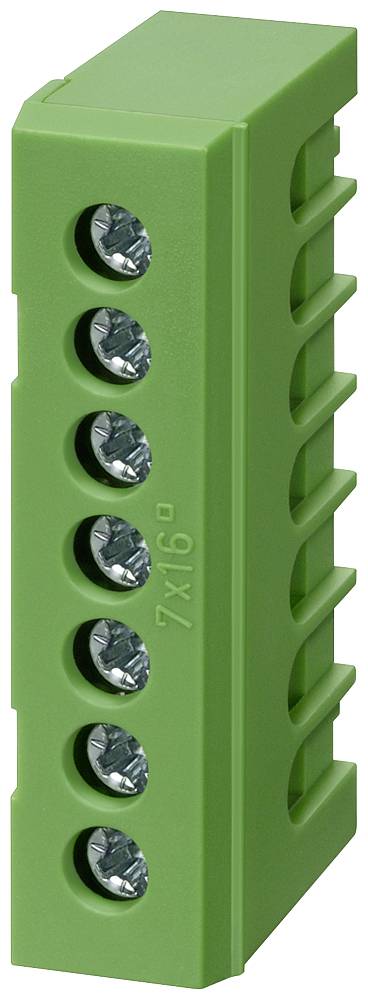 Grüner Schraubklemmenblock mit sieben Schraubanschlüssen. Designed für elektrische Verdrahtung und feste Anschlüsse.