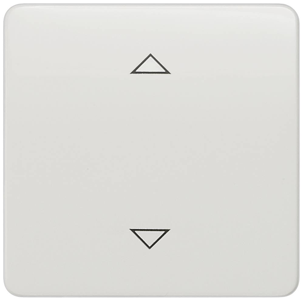 Weißer Lichtschalter mit Pfeilsymbolen; oberer Pfeil zeigt nach oben, unterer nach unten. Geeignet zur Steuerung von Rollos oder Jalousien.