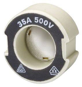 Rundes Sicherungselement, beige, mit schwarzem Rand. Aufschrift: 35A 500V. Symbole für Sicherheit und Standard unten.