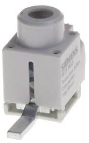 Ein grauer, quaderförmiger elektrischer Schalter oder Taster von Siemens, mit einem Metallhebel unten.