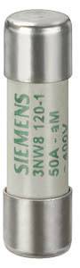 Ein zylinderförmiger Sicherungseinsatz mit Metallkappen, beschriftet mit 'SIEMENS, 3NW8 120-1, 50A - 3L, 500V'.