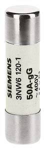 Eine zylindrische Sicherung mit der Aufschrift 'SIEMENS 3NW6 120-1 50A gG 400V'.