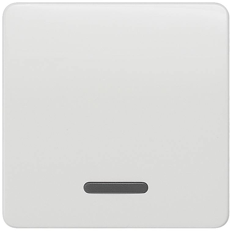 Ein weißer quadratischer Lichtschalter mit schwarzem Rechteck in der Mitte, in einem schlichten, minimalistischen Design.