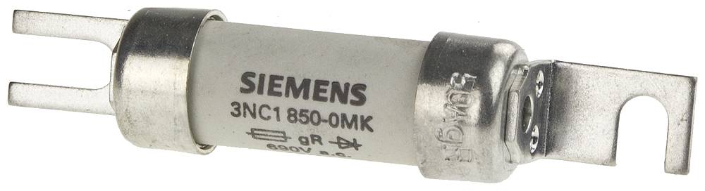 Eine zylindrische, industrielle Sicherung von Siemens mit der Aufschrift '3NC1 850-0MK', ausgestattet mit Metallklammern an beiden Enden.