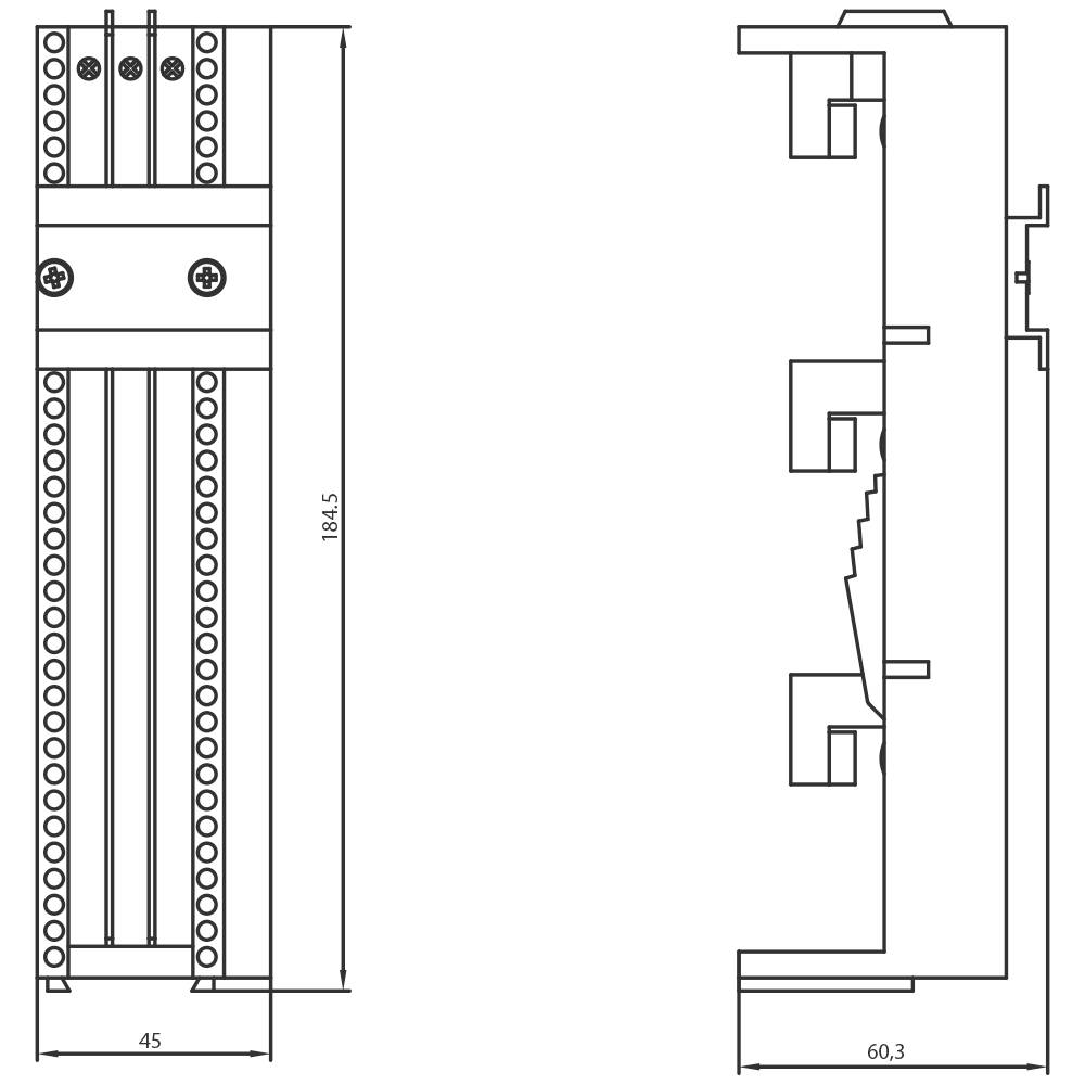 Technische Zeichnung einer Maschinenkomponente mit Front- und Seitenansicht, maßstabsgetreu mit Messungen in Millimetern.