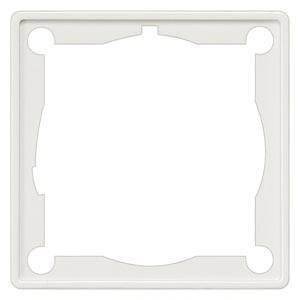 Weiße, quadratische Abdeckrahmen mit abgerundeten Ecken und acht runden Aussparungen an den Ecken.