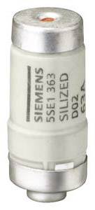 Ein zylinderförmiger Sicherungseinsatz von Siemens, Modell 5SE1363, Typ D02, mit einer Nennstromstärke von 63 Ampere, weiß- und silberfarben.