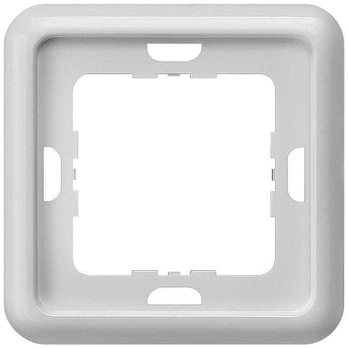 Weiße quadratische Abdeckrahmen, für Schalter oder Steckdosen, mit glatter Oberfläche und zentraler Aussparung.