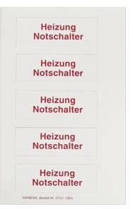 Fünf identische rote Aufkleber mit der Aufschrift 'Heizung Notschalter' sind vertikal angeordnet.