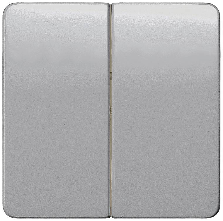Eine silberne, rechteckige, zweigeteilte Wandschaltfläche; minimalistisch und glatt, oft für Lichtschalter benutzt.