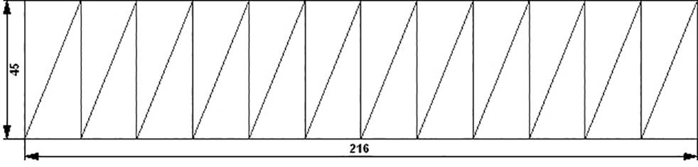 Technische Zeichnung eines langen rechteckigen Fachwerks mit gleichmäßigen Dreiecken. Maße: Höhe 45, Breite 216.
