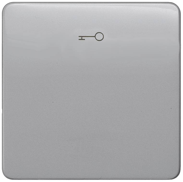 Ein quadratischer, grauer Lichtschalter mit einem kleinen Schlüsselsymbol oben, das auf eine spezielle Funktion hinweisen könnte.