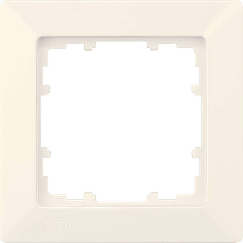 Ein weißer quadratischer Rahmen für eine Lichtschalter- oder Steckdosenabdeckung, mit dem Firmennamen 'Siemens' in der unteren Ecke.