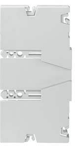 Graues, rechteckiges Bauteil mit geometrischen Aussparungen und Einschnitten. Wahrscheinlich ein technisches Gerät oder eine Komponente.