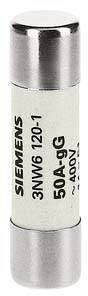 Sicherung mit der Aufschrift 'SIEMENS 3NW6 120-1 50A gG 400V', zylindrische Form, Metallkappen an beiden Enden, hauptsächlich weiß.