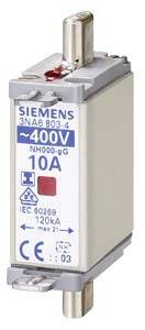 NH-Sicherung Siemens 3NA6 803-4, 400V, 10A. CE-Zeichen. Symbol für Elektrische Sicherheit.